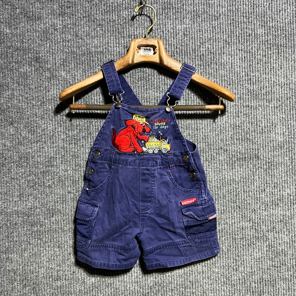 Vintage Clifford the Big Red Dog Overalls Kids 3T Blue Embroidered Shortalls 90s